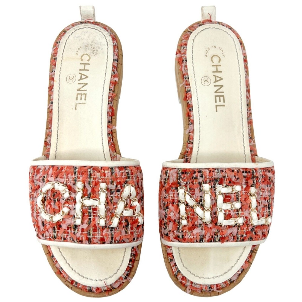 Chanel Tweed Slide Sandals Cork Sole CC Logo Flats 38.5